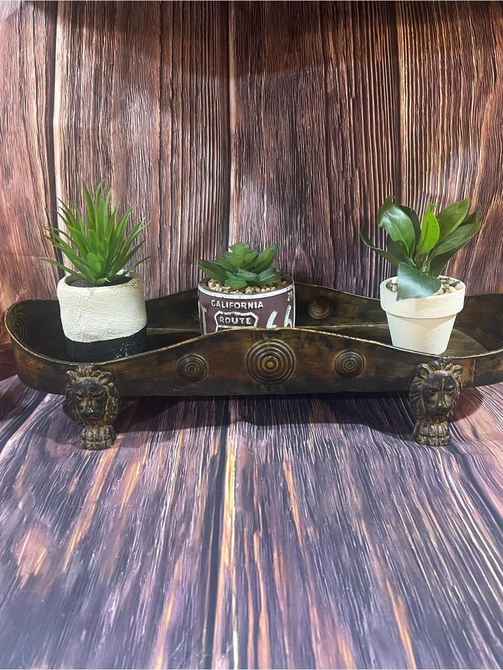 Gold Plated Steel Vtg Lion Footed Planter/decor with 3 artificial planters